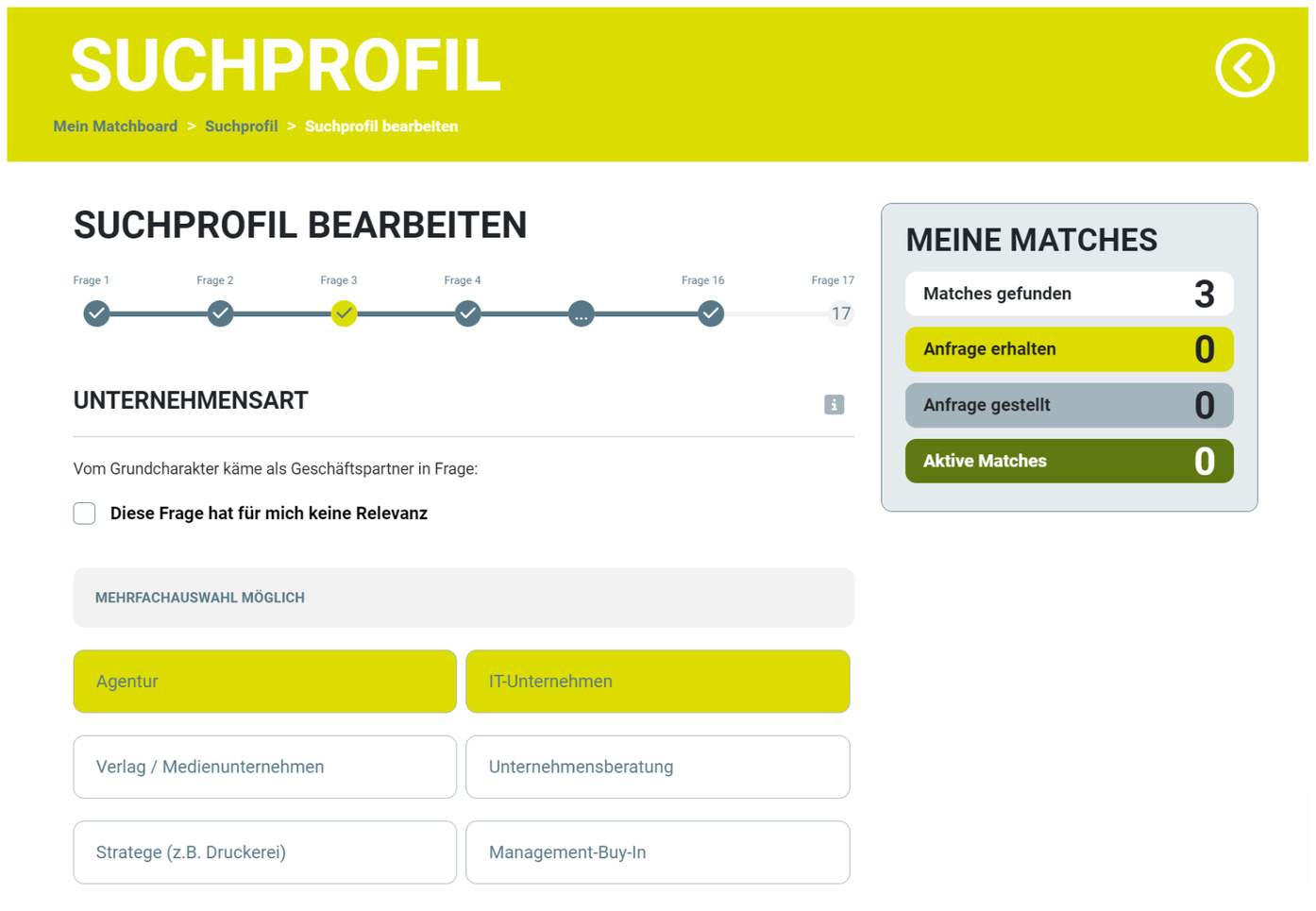 MATCH2B Suchprofil Suchprofil für meine Agentur anlegen