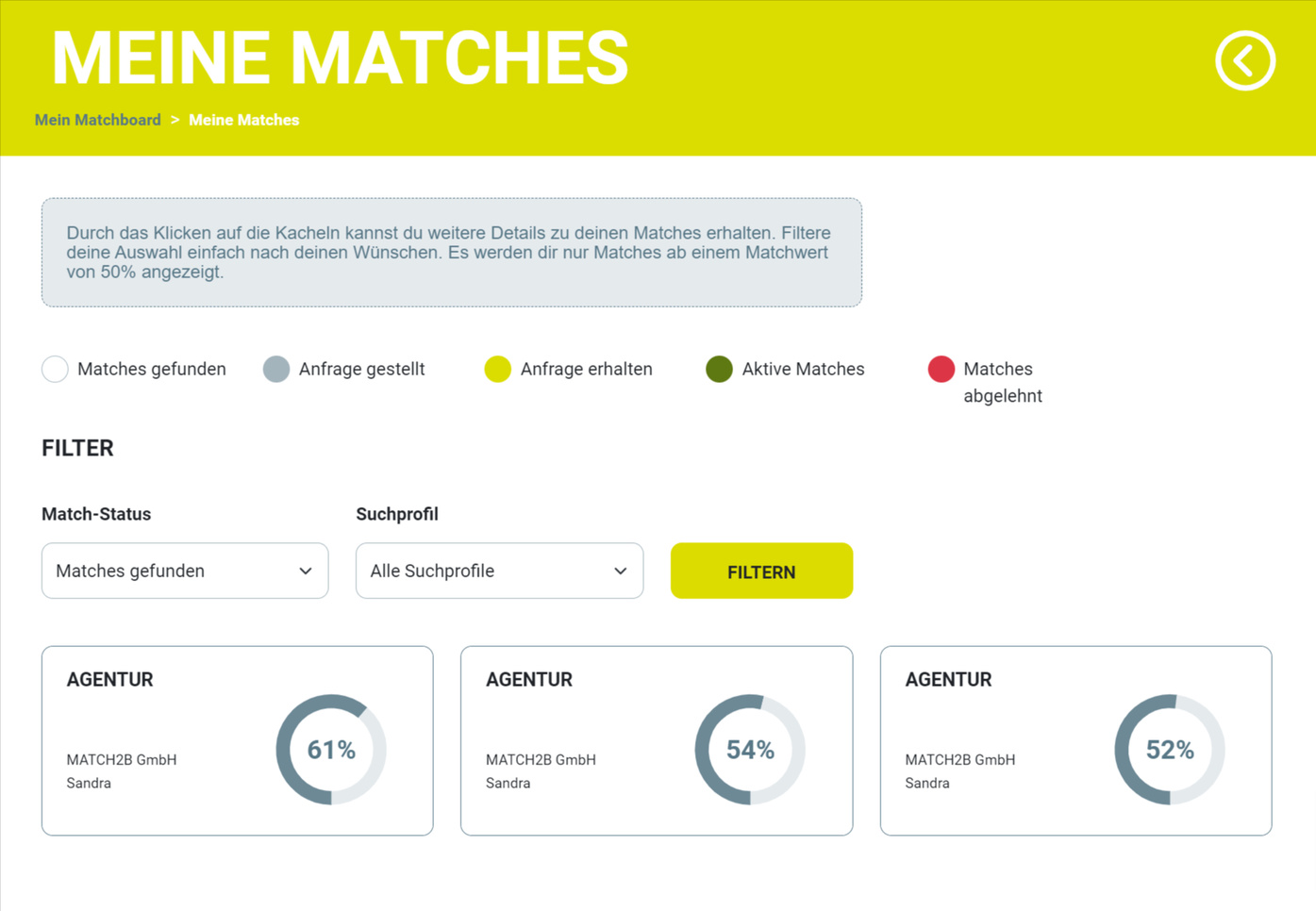 MATCH2B Übersicht passender Matches Meine Matches
